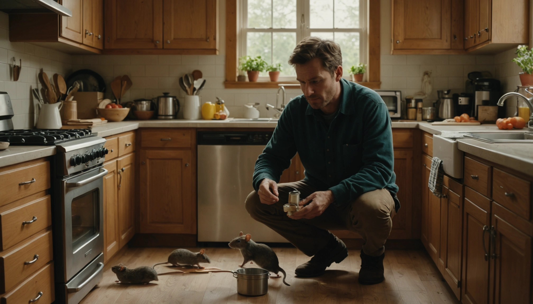 un homme dans la cuisine avec des rongeurs