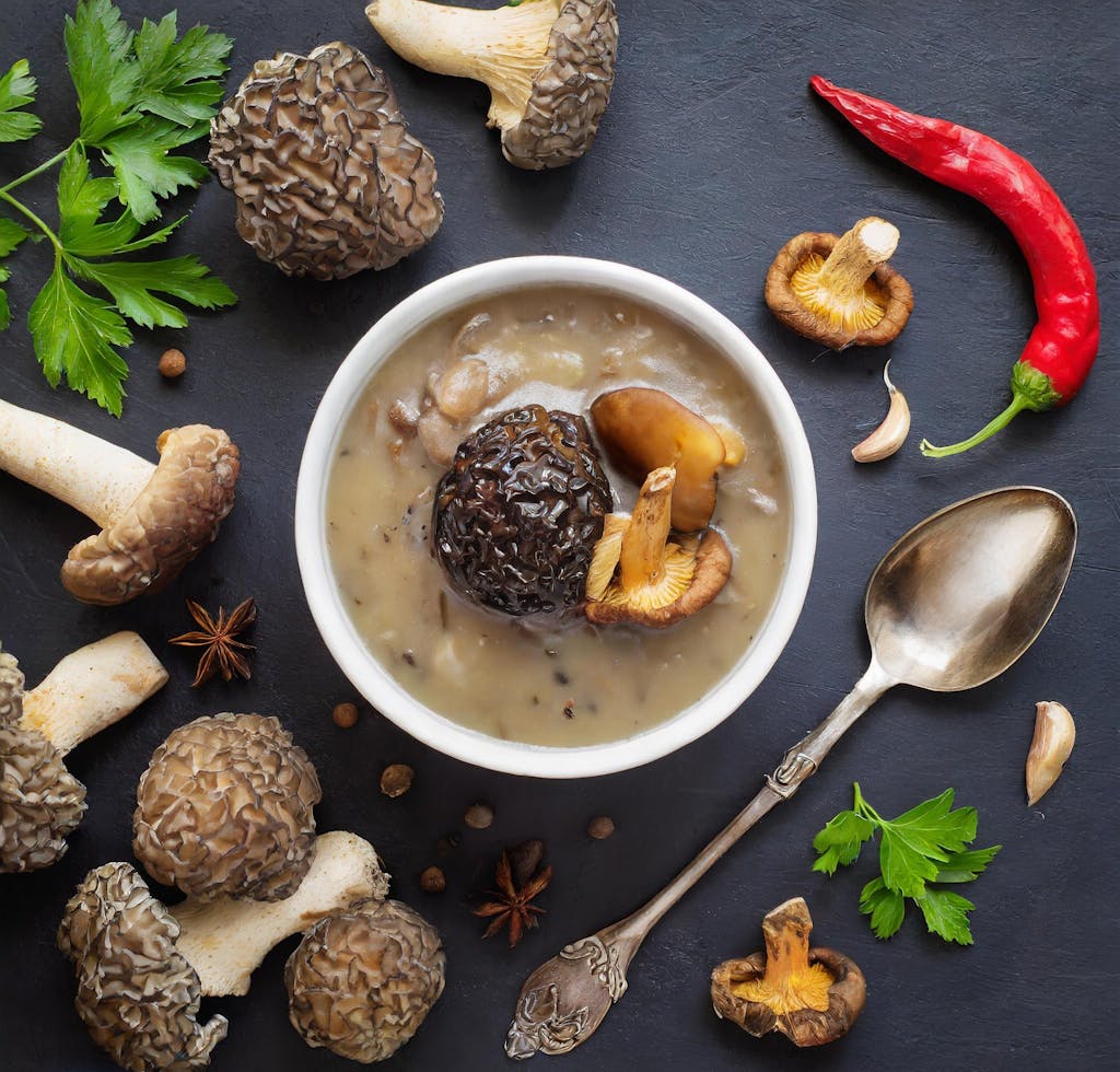 Top view of gourmet mushroom soup with fresh herbs and ingredients.