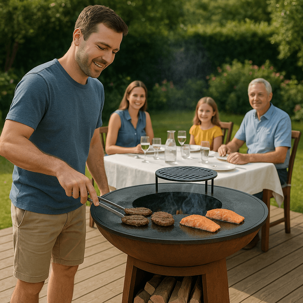 un homme est en train de faire des grillades sur un brasero