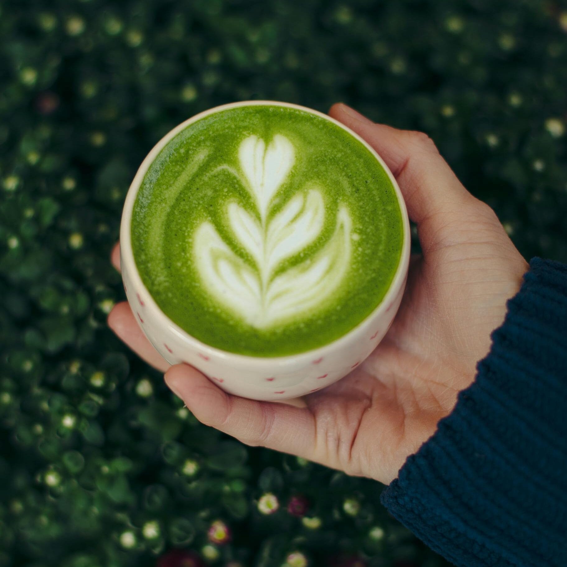A vibrant matcha latte with latte art held against a green leafy backdrop.