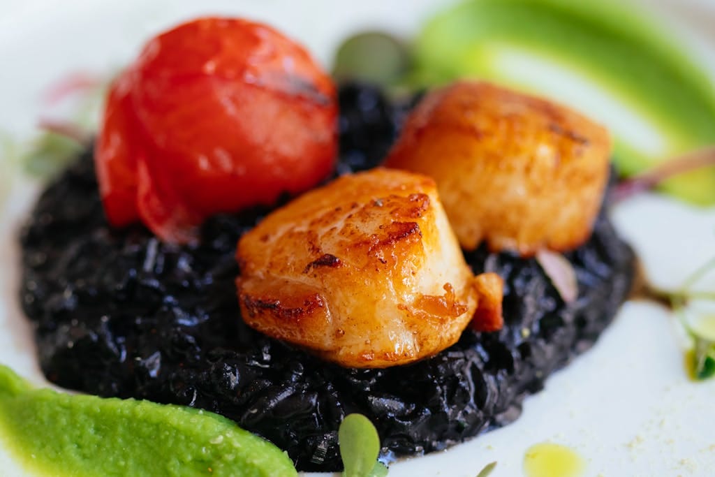 Delicious gourmet scallops served on black risotto with tomato and garnish.