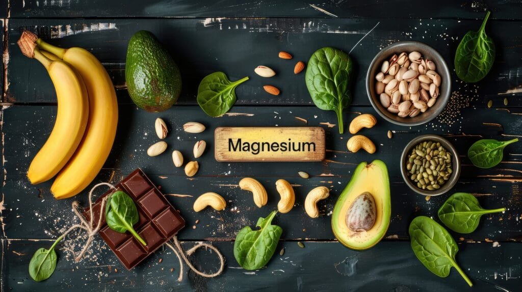 bananes, fruits secs, pistaches, noix de cajou, chocolat contiennent naturellement du magnésium nécessaire à une bonne alimentation