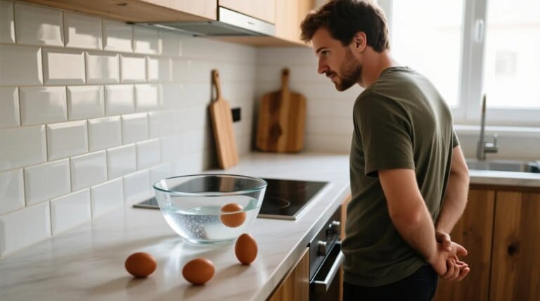Illustration d'un oeuf qui flotte, démontrant un test de fraîcheur