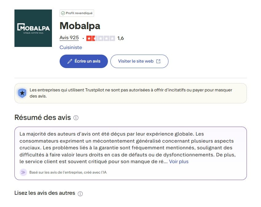 avis sur Mobalpa trustpilot