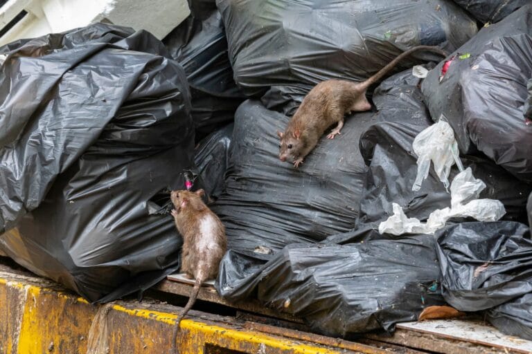 rats dans une rue d'une ville au milieu des sacs poubelles
