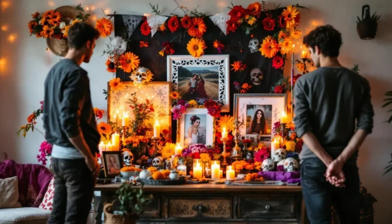 Célébration du dia de los muertos avec décorations traditionnelles colorées