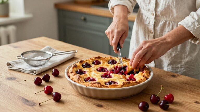 Clafouti cerise préparé selon la recette de Cyril Lignac délicieux et savoureux