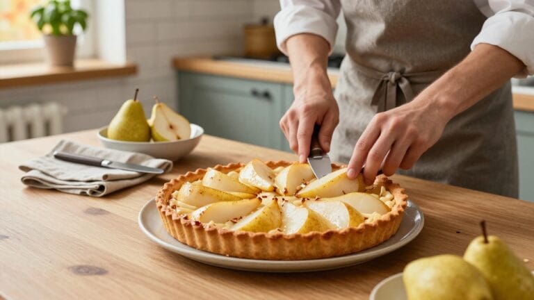 Tarte poire amandine réalisée par Cyril Lignac, dessert gourmand