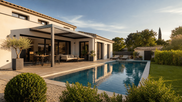 Maison rénovée avec piscine, terrasse et abri de jardin après travaux