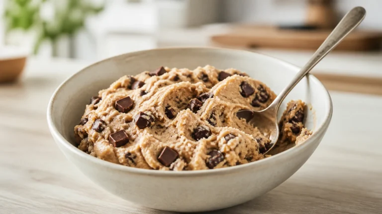 recette de cookie dough au chocolat noir dans un bol avec pépites de chocolat
