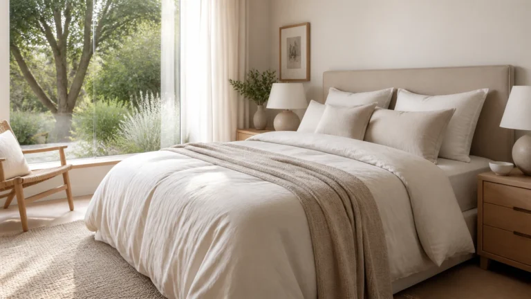 Housse de couette claire dans une chambre lumineuse et harmonieuse