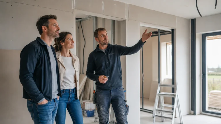 loi Spinetta assurance dommage ouvrage avec un couple et un plaquiste sur un chantier