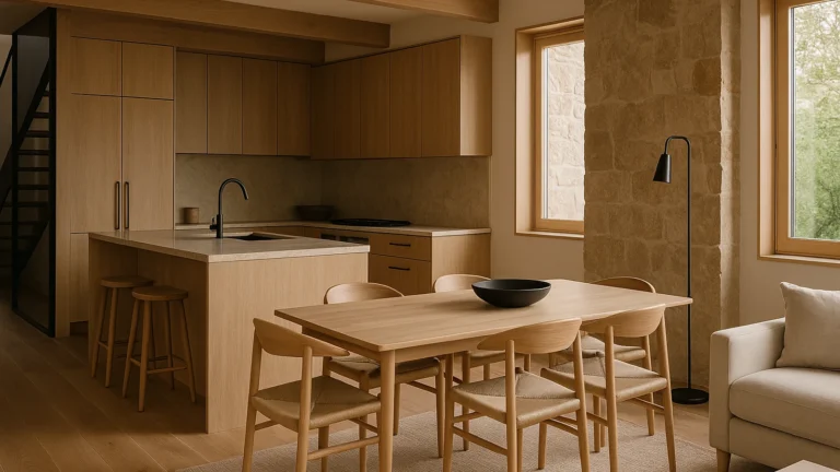 intérieur rénové avec bois clair, pierre naturelle et détails métal noir