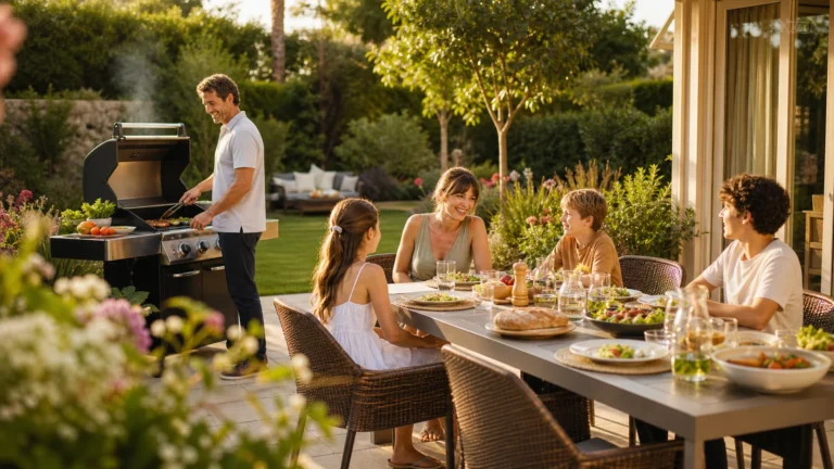 famille autour d’un barbecue à gaz dans un jardin en été