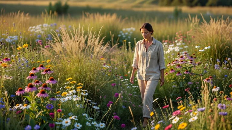 jardin naturaliste en prairie de vivaces et graminées au soleil