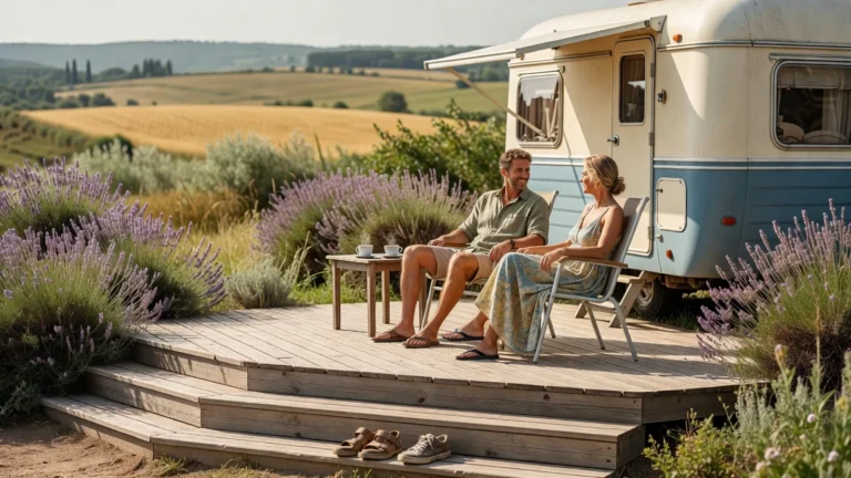 rénover les terrasses d’un camping : couple sur une terrasse bois devant un mobil-home