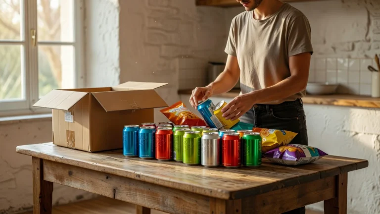 sodas et snacks US livrés en France, colis déballé sur une table de cuisine